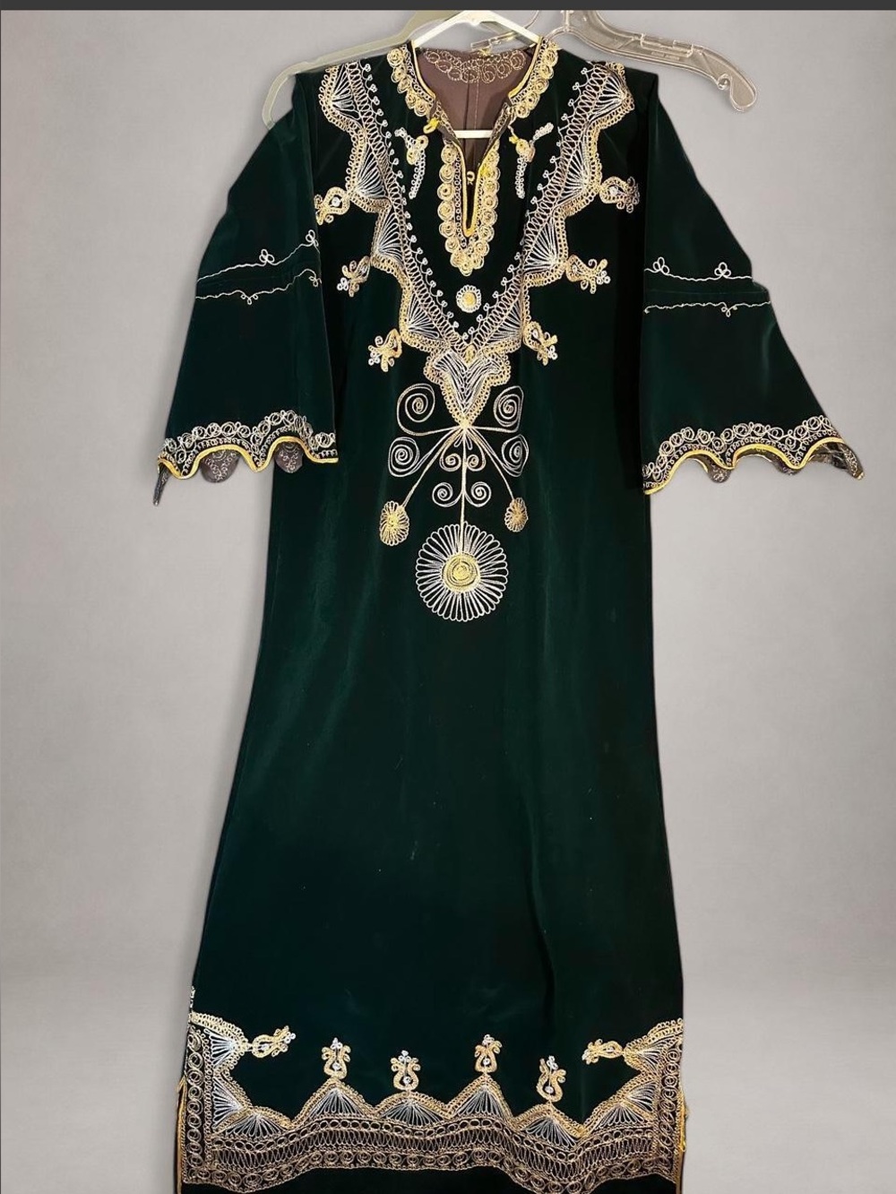Embroidered Dark Green Kaftan Dress with Gold Accents